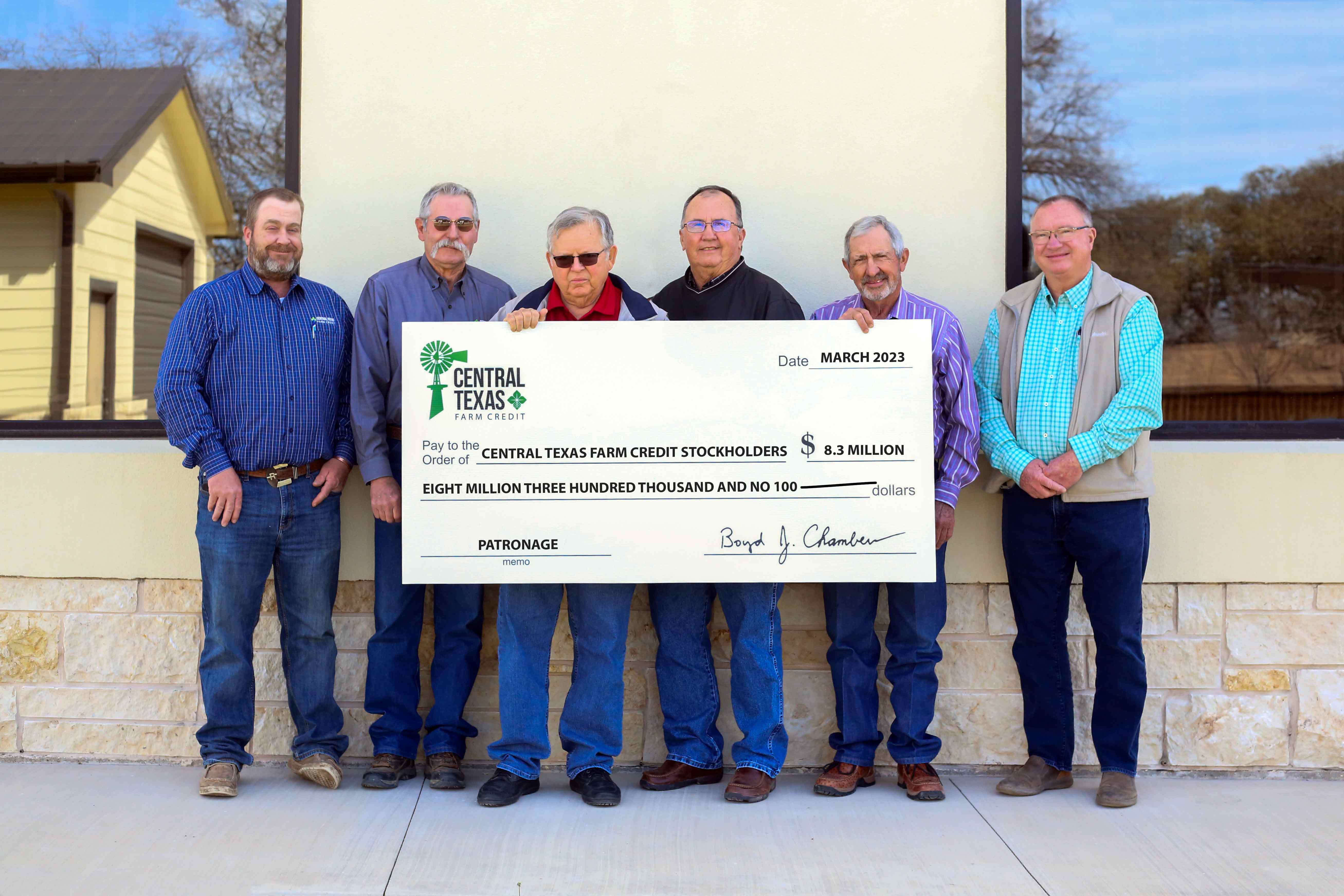 Central Texas Farm Credit Board of Directors approved a record, all cash patronage refund to customers. Board members pictured left to right: Robby Halfmann, Philip Hinds, Burl Lowery, Steven Lehrmann, Mike Finlay, and Gerald Rodgers. Not pictured: Kenneth Harvick